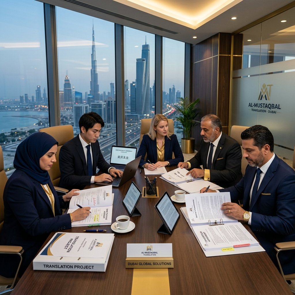 Business translation team reviewing corporate documents