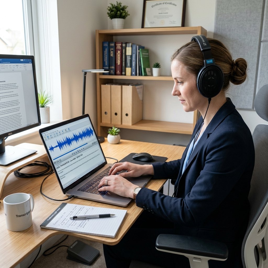 Audio recording transcription setup with headphones